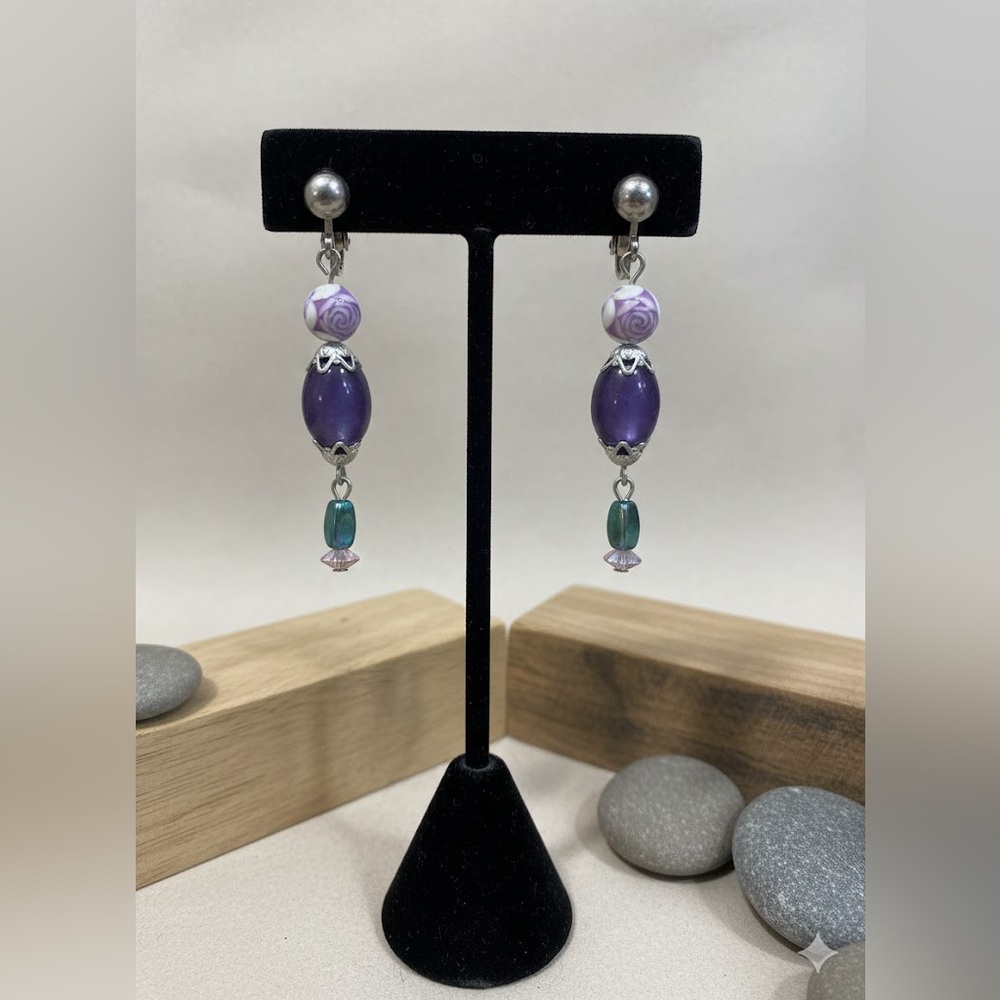 Elegant Purple Dangle Clip-On Earrings